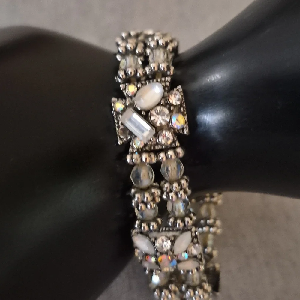 Silver Multi Rhinestone Crystal AB Beaded Stretch Expansion Statement Bracelet